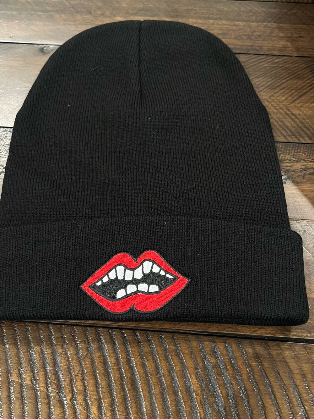 Chrome Hearts Black Knit Beanie with Red Embroidered Lip - Picture 2 of 5